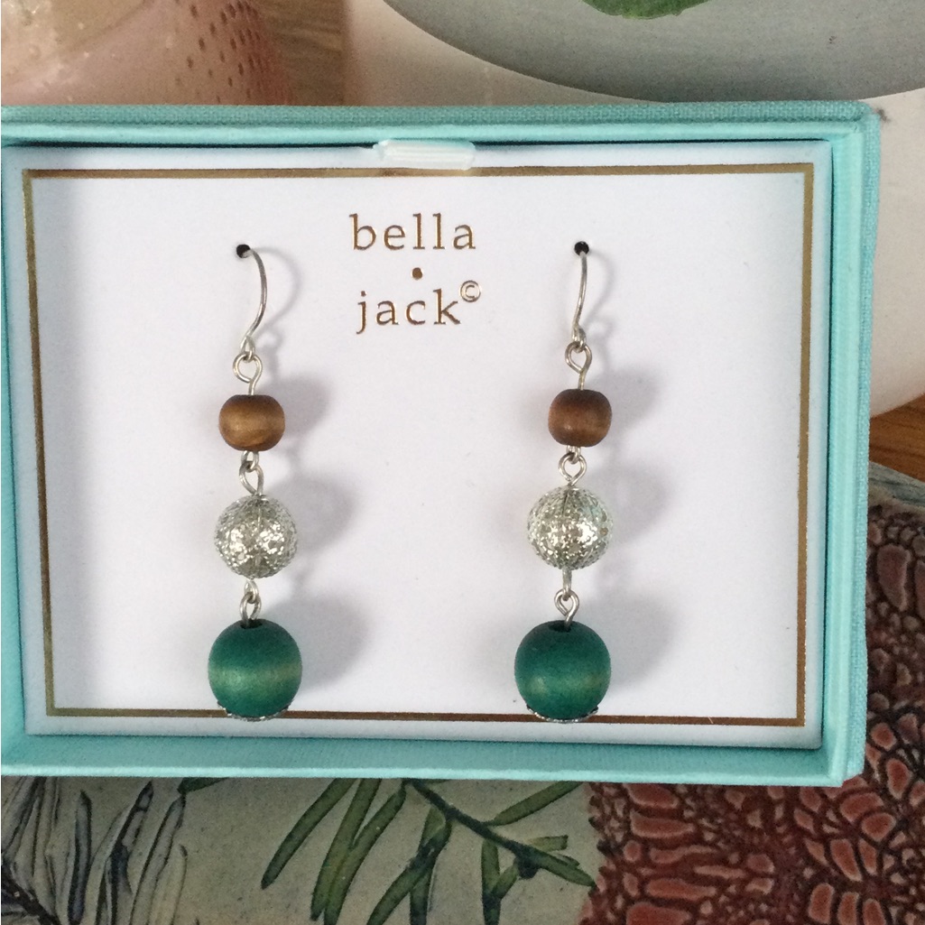 Green Wood And Silver Bead Dangle Earrings 11$